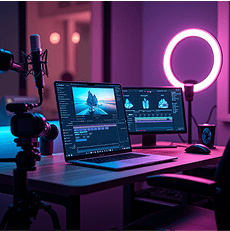 a futuristic ai powered video editing workstation with a sleek laptop screen showing advanced