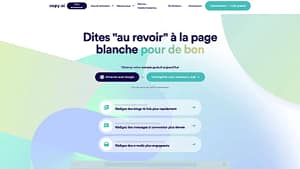 Capture d'écran de la page d'accueil de Copy AI, invitant à dire "au revoir" à la page blanche grâce à des outils intelligents de rédaction de contenu.