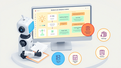 Infographie montrant les étapes de création d’un chatbot AI avec Botpress, de la définition des objectifs jusqu’au déploiement, avec visuels pédagogiques et numérotation claire.

