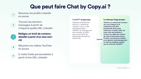 Infographie illustrant les capacités uniques de Copy.ai comparées à ChatGPT, mettant en lumière ses fonctions avancées de résumé de contenu et de génération de plans de publication.