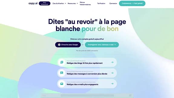 Capture d'écran de la page d'accueil de Copy AI, invitant à dire "au revoir" à la page blanche grâce à des outils intelligents de rédaction de contenu.