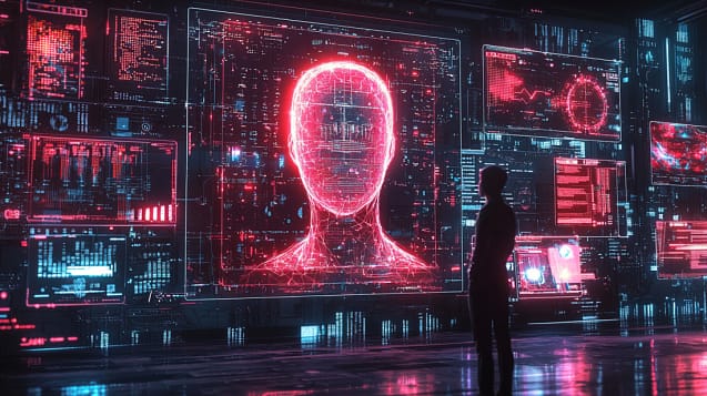 Silhouette d'une personne devant une interface d'IA futuriste avec des panneaux de données lumineux rouges dans un cadre d'entreprise moderne.