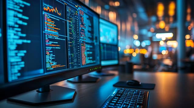 Gros plan sur des écrans d'ordinateur affichant des processus complexes de traitement de données et de codage dans un bureau high-tech faiblement éclairé.