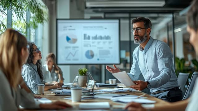 Un manager d'entreprise donne une présentation visuelle à un groupe de collaborateurs, dans un bureau moderne et lumineux, avec un écran affichant des graphiques et des données.