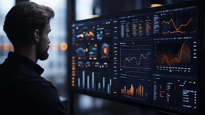 Un professionnel observant un tableau de bord d'analyse de données généré par ChatGPT, représentant l'automatisation et l'optimisation des processus.