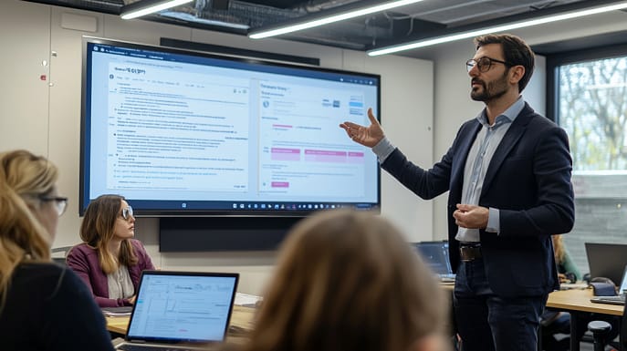 Un formateur expliquant l'utilisation de ChatGPT Enterprise à une équipe lors d'une session de formation en entreprise.