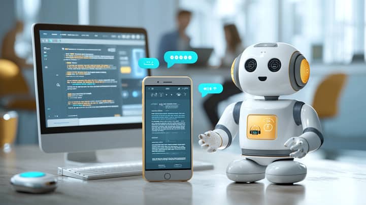 Un robot chatbot sympathique interagissant avec les utilisateurs via un smartphone et un ordinateur, illustrant les capacités de communication multicanal.