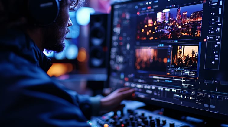 Homme effectuant le montage de contenu vidéo sur un ordinateur dans un studio high-tech.