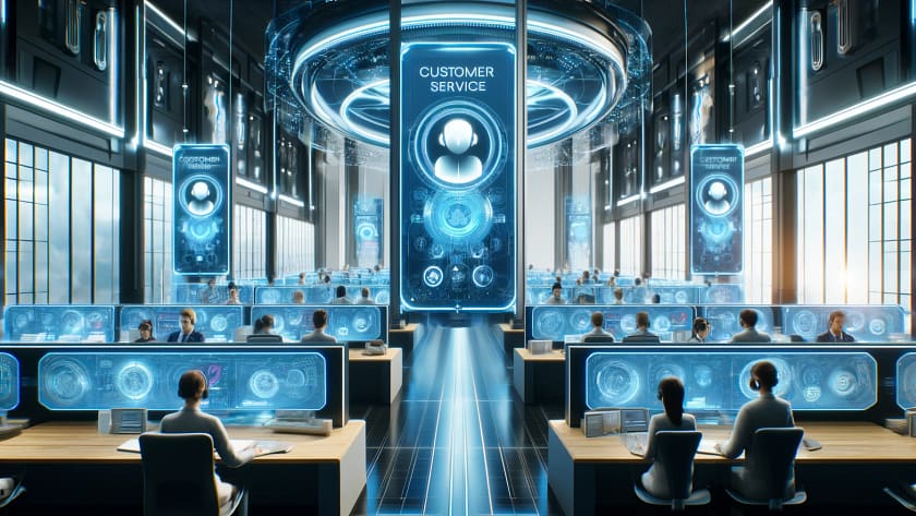 DALL·E 2024 04 18 15.58.38 A futuristic customer service center dominated by screens and holographic displays with several operators interacting with advanced AI systems. The s