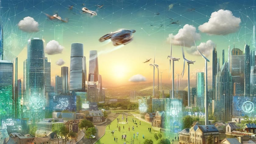 DALL·E 2024 04 18 17.37.11 Create an image of a futuristic cityscape with advanced technology like flying cars holographic displays and robots interacting with humans. The sce