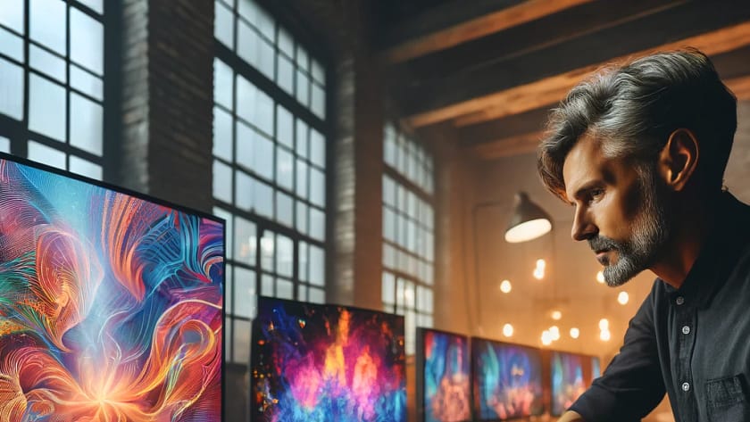 DALL·E 2024 04 19 17.37.47 A creative workshop with an artist using AI to generate new art forms. The studio is cluttered with digital screens displaying vibrant abstract AI ge