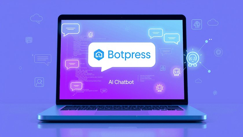 Illustration montrant la création d’un chatbot AI avec Botpress, interface conviviale pour débutants, écran d’ordinateur avec chatbot actif et éléments visuels d’automatisation et d’intelligence artificielle.