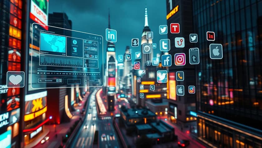 Vue d'une ville futuriste de nuit avec des icônes de réseaux sociaux en hologramme dans le ciel, représentant la digitalisation urbaine et l’influence des médias sociaux.