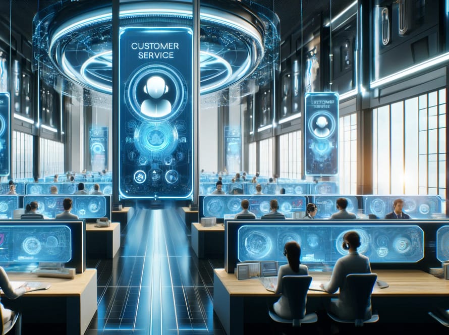 DALL·E 2024 04 18 15.58.38 A futuristic customer service center dominated by screens and holographic displays with several operators interacting with advanced AI systems. The s
