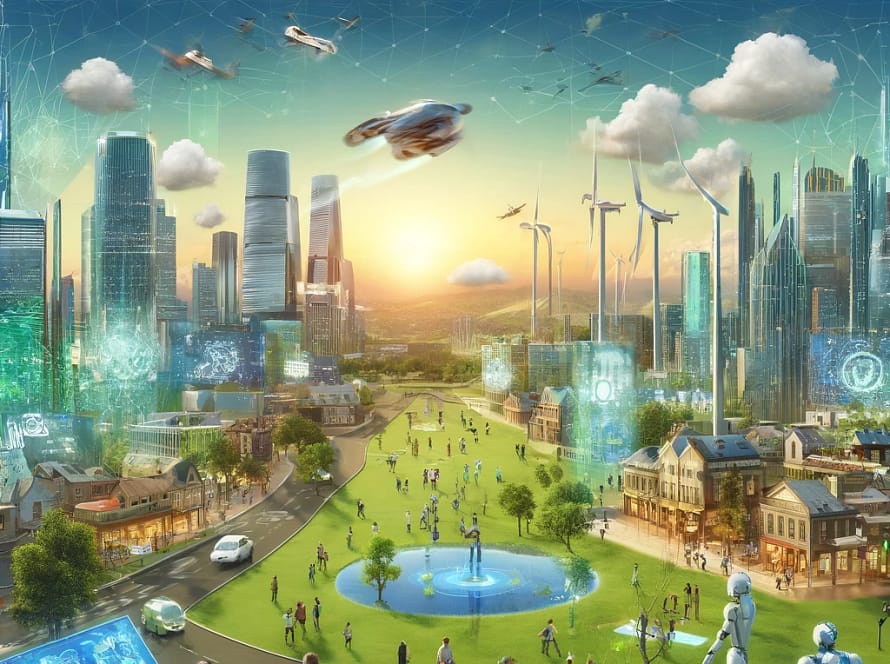 DALL·E 2024 04 18 17.37.11 Create an image of a futuristic cityscape with advanced technology like flying cars holographic displays and robots interacting with humans. The sce