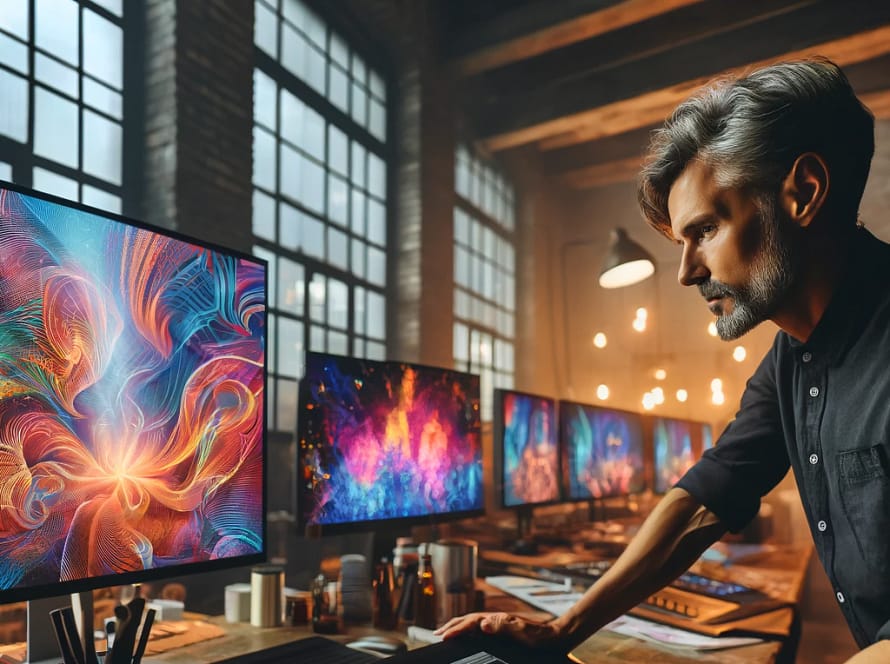 DALL·E 2024 04 19 17.37.47 A creative workshop with an artist using AI to generate new art forms. The studio is cluttered with digital screens displaying vibrant abstract AI ge