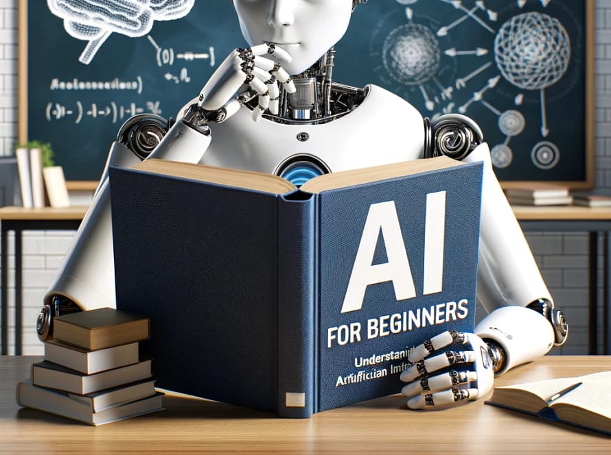 DALL·E 2024 04 23 13.59.34 Create an image that visually represents the concept of understanding artificial intelligence for beginners. The image should feature a humanoid robot