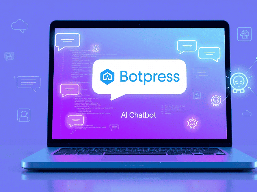 Illustration montrant la création d’un chatbot AI avec Botpress, interface conviviale pour débutants, écran d’ordinateur avec chatbot actif et éléments visuels d’automatisation et d’intelligence artificielle.