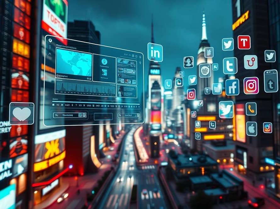 Vue d'une ville futuriste de nuit avec des icônes de réseaux sociaux en hologramme dans le ciel, représentant la digitalisation urbaine et l’influence des médias sociaux.
